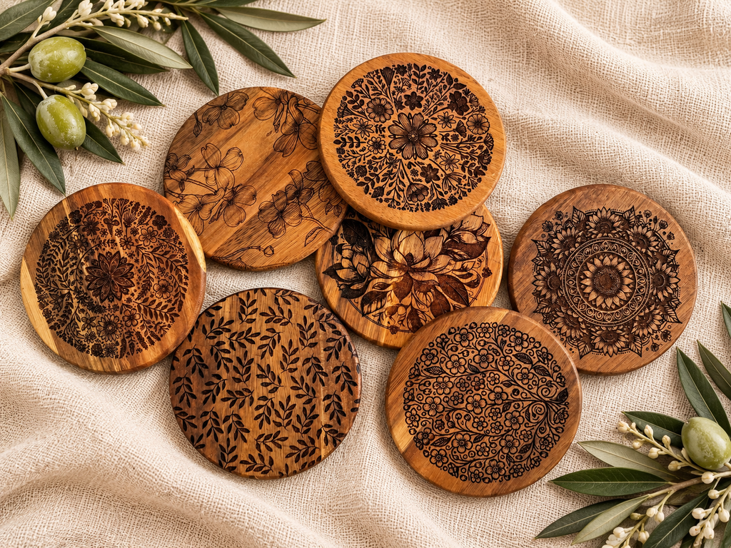 Floral Engraved Acacia Coasters — Set of 4
