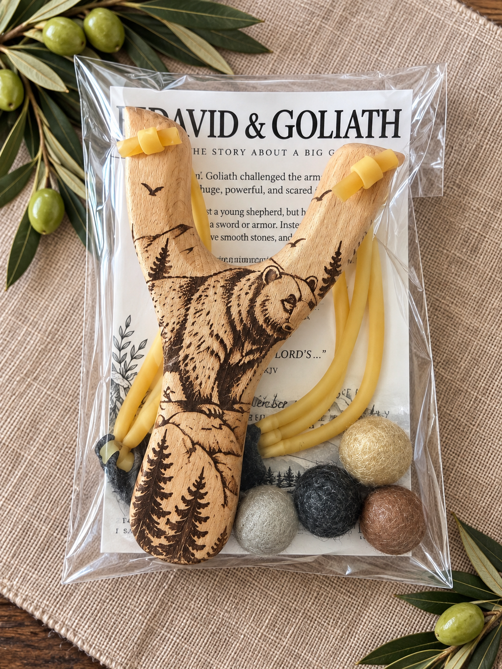 David & Goliath Engraved Wooden Slingshot Set