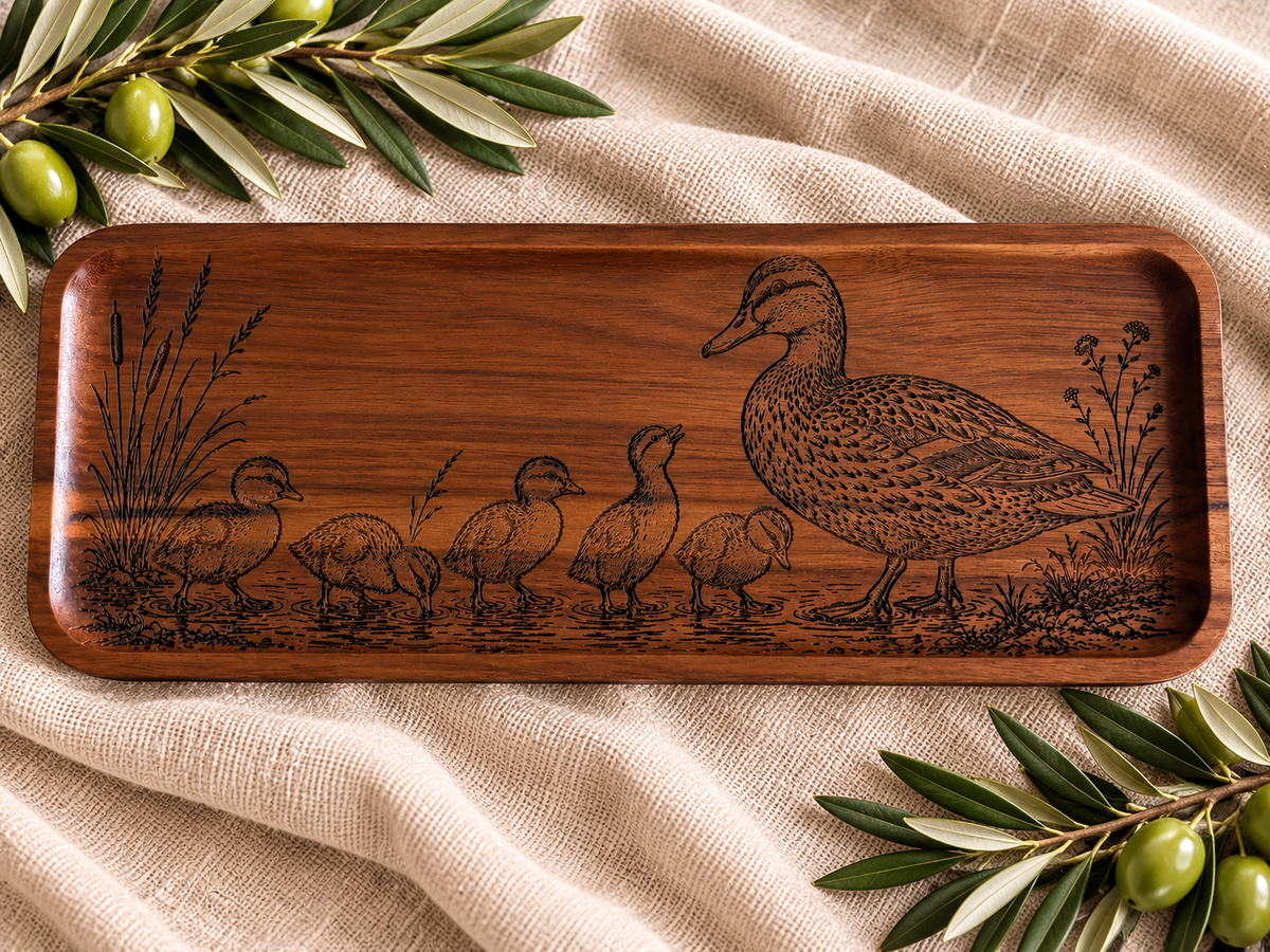 Mama Duck & Ducklings Engraved Wood Serving Tray