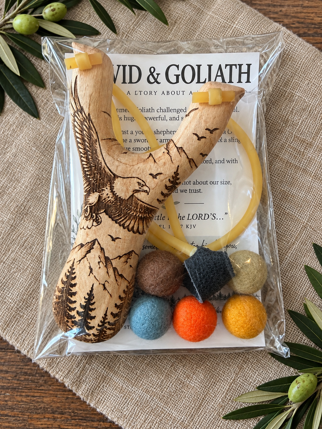David & Goliath Engraved Wooden Slingshot Set