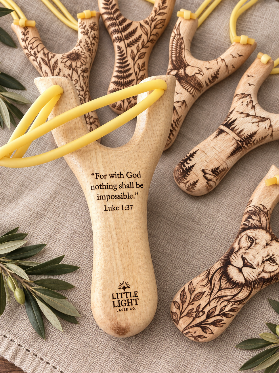David & Goliath Engraved Wooden Slingshot Set