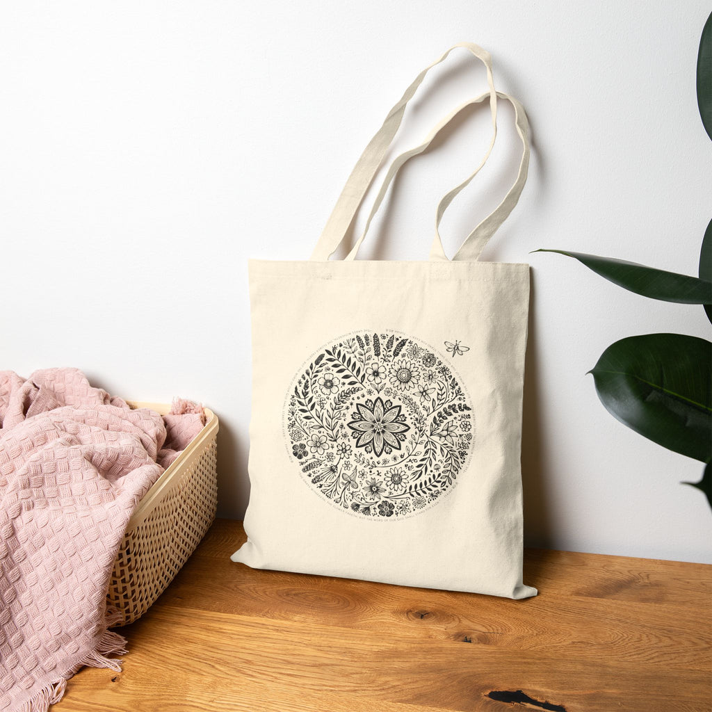 Canvas Tote Bag — Floral Mandala Circle Print with “Little Light” Logo