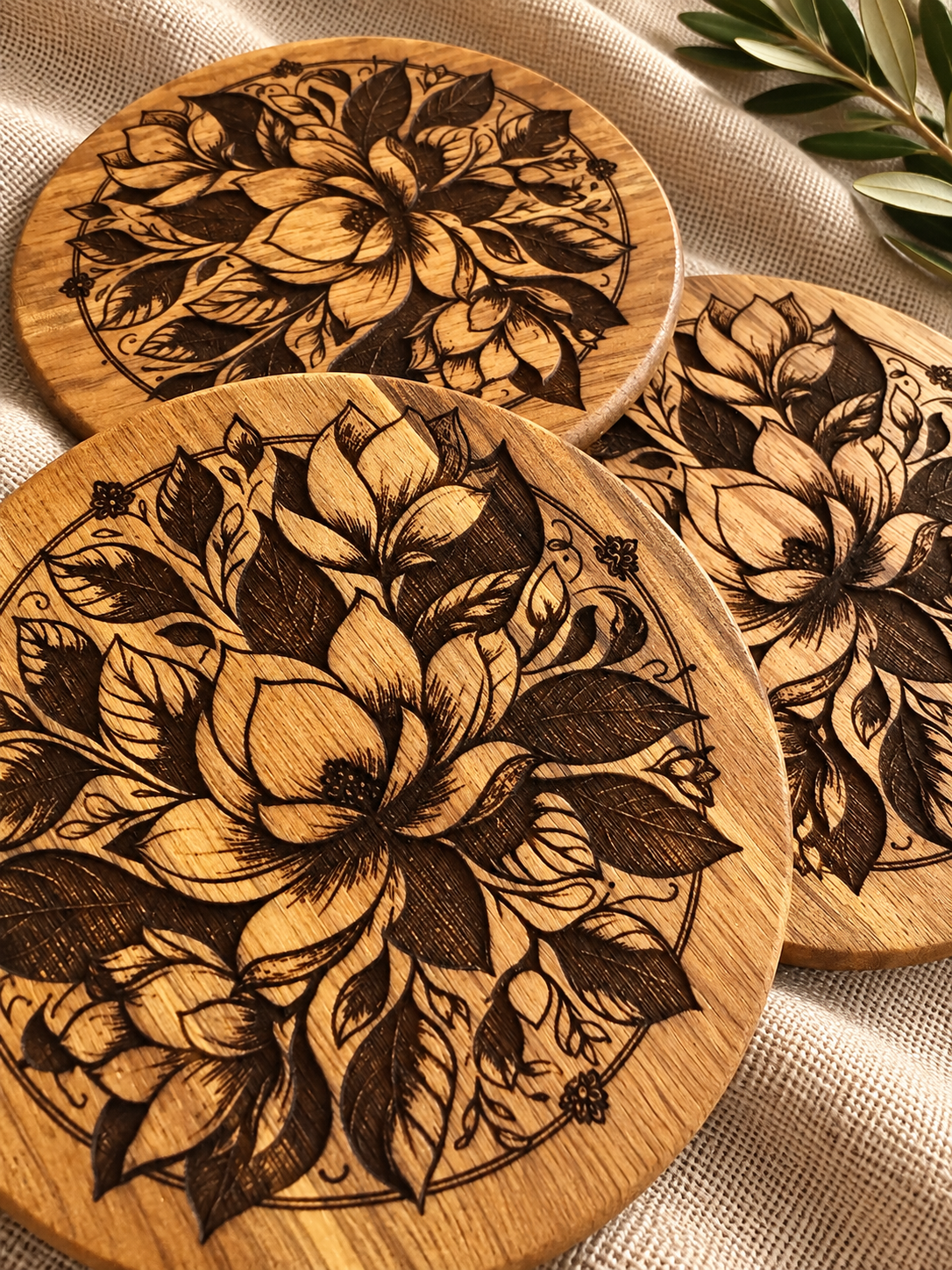 Floral Engraved Acacia Coasters — Set of 4
