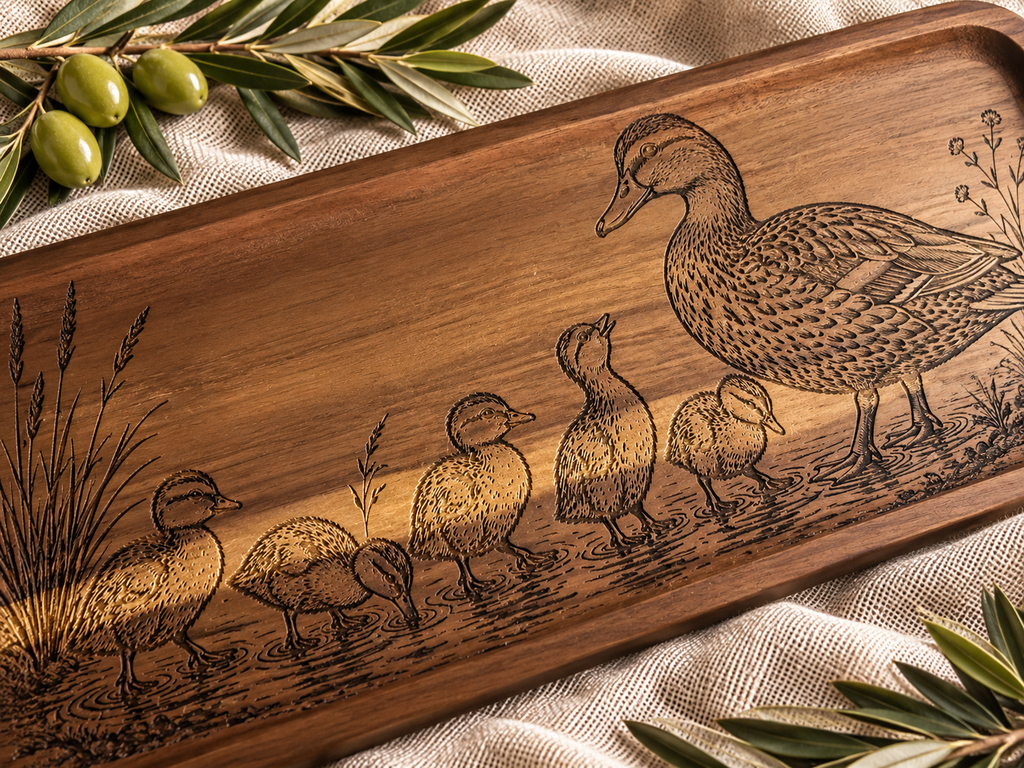 Mama Duck & Ducklings Engraved Wood Serving Tray