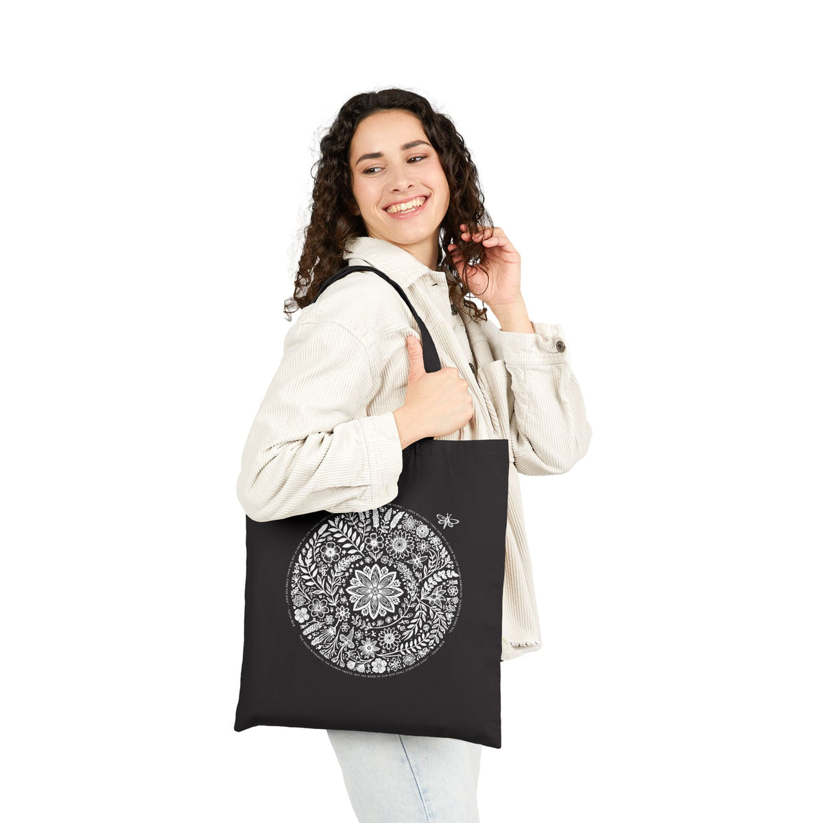 Canvas Tote Bag — Floral Mandala Circle Print with “Little Light” Logo