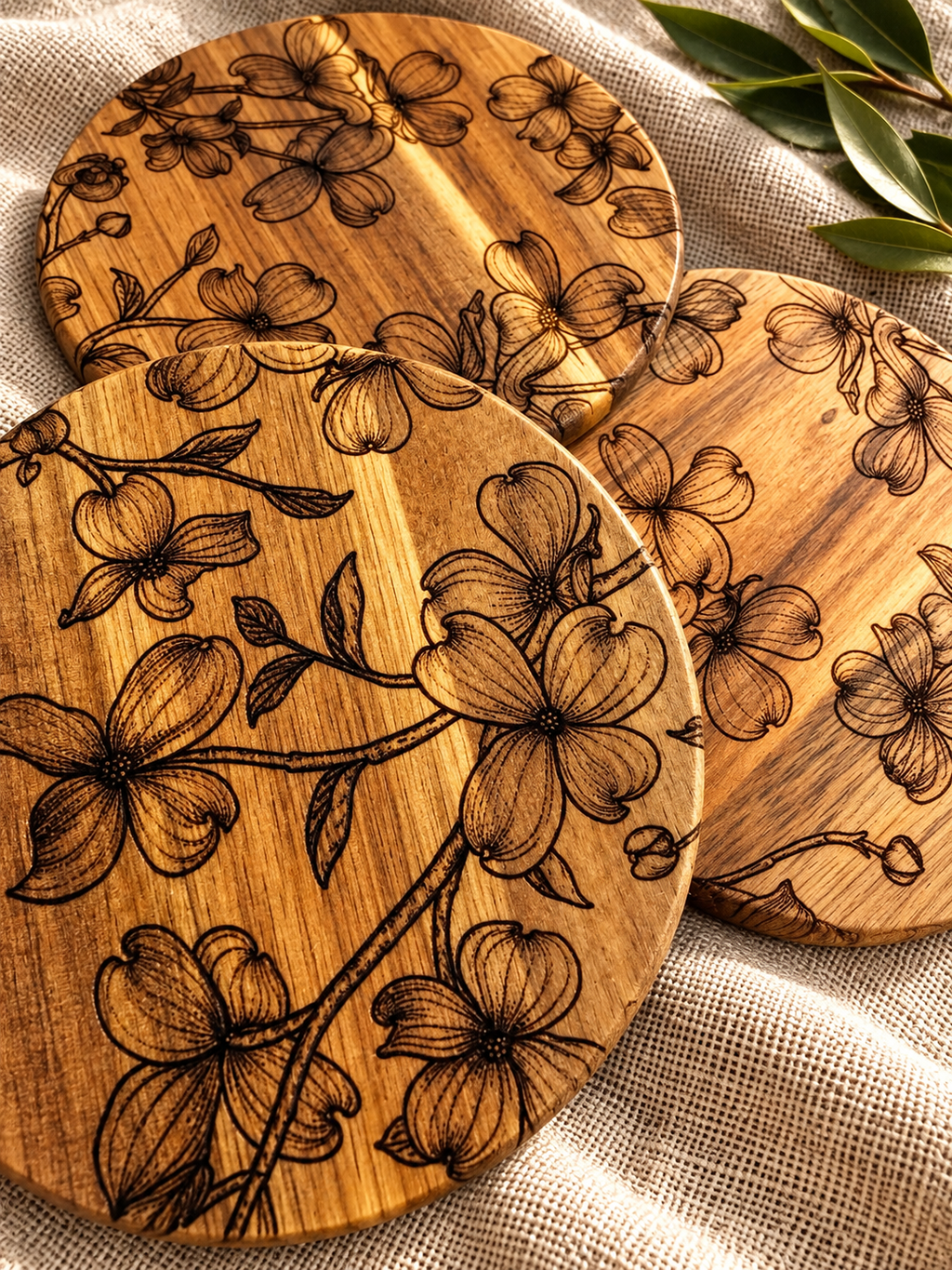 Floral Engraved Acacia Coasters — Set of 4