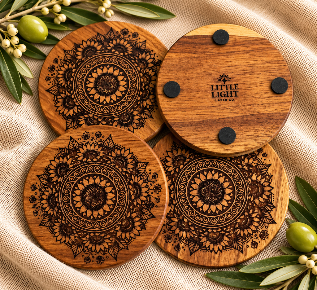 Floral Engraved Acacia Coasters — Set of 4