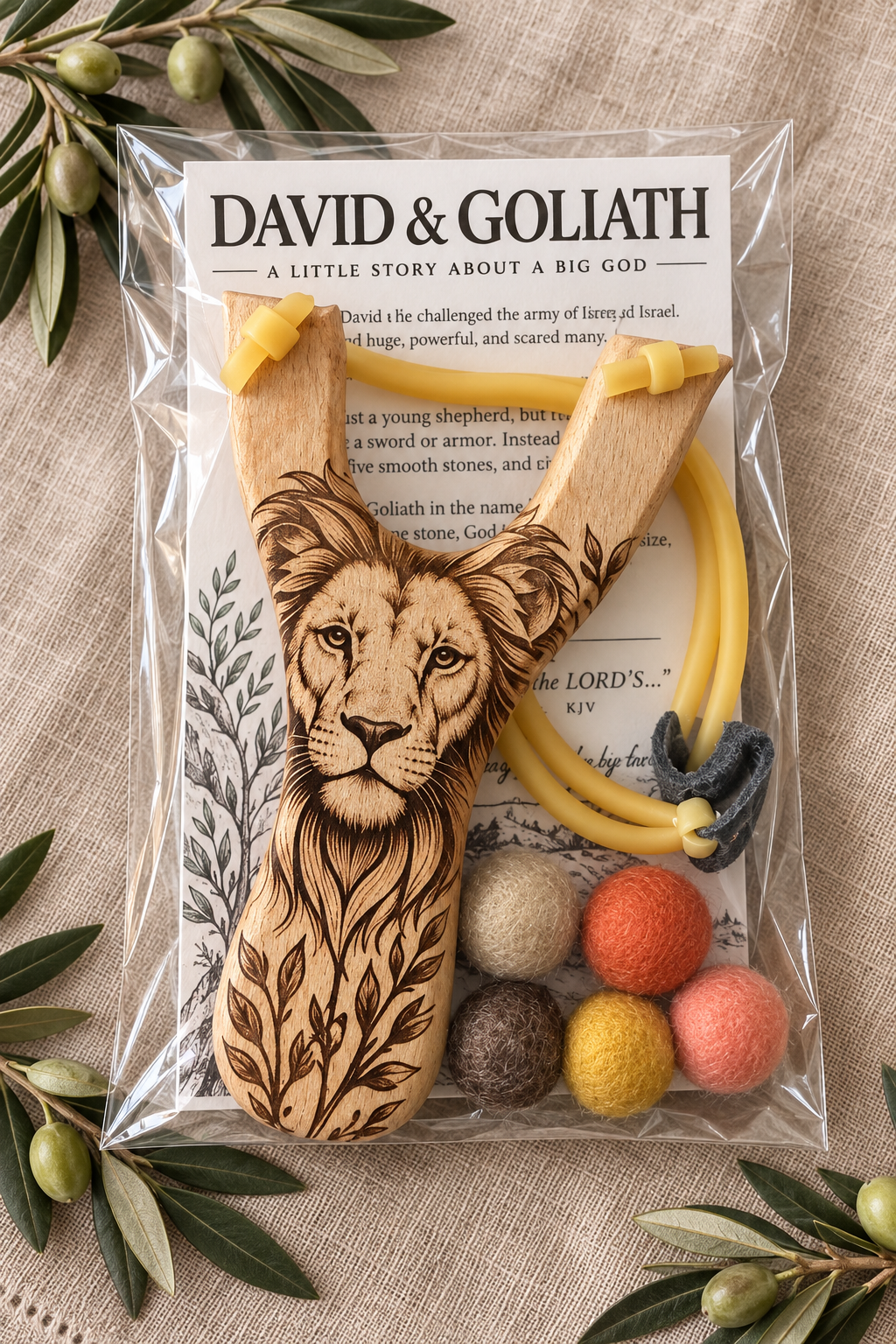David & Goliath Engraved Wooden Slingshot Set