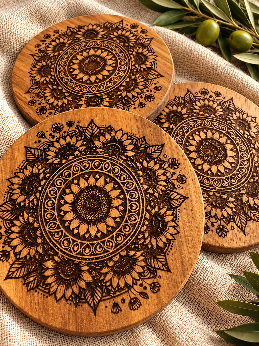 Floral Engraved Acacia Coasters — Set of 4