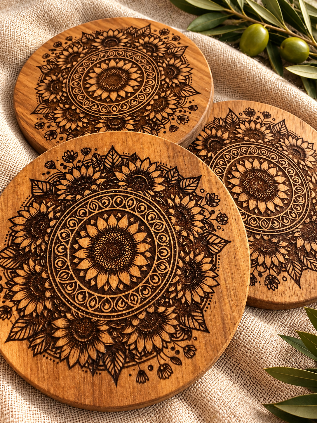 Floral Engraved Acacia Coasters — Set of 4