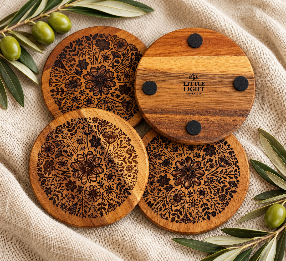 Floral Engraved Acacia Coasters — Set of 4