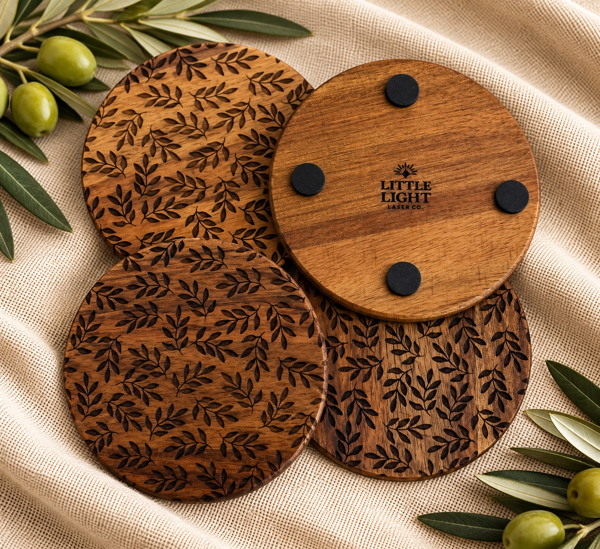 Floral Engraved Acacia Coasters — Set of 4