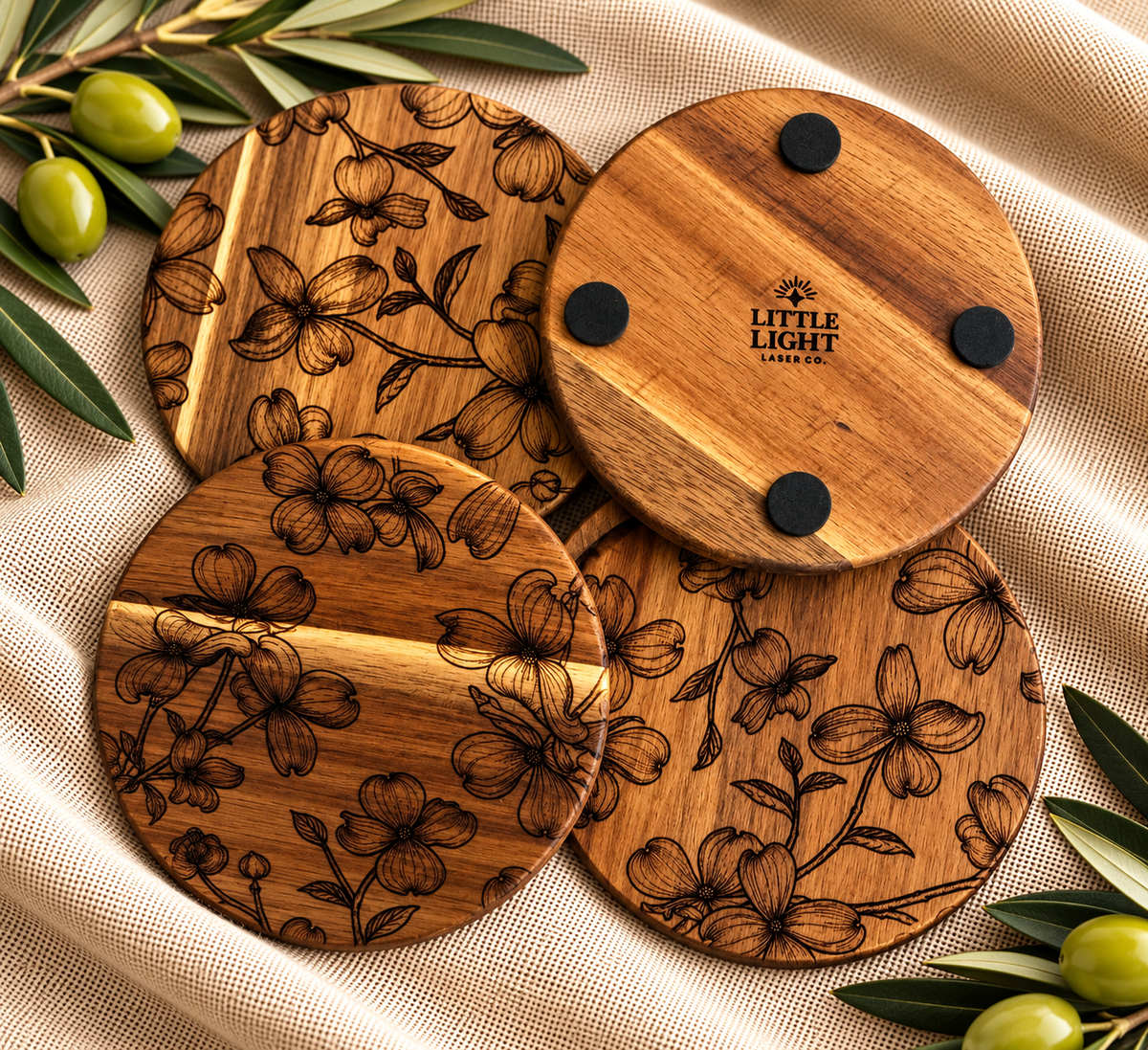 Floral Engraved Acacia Coasters — Set of 4