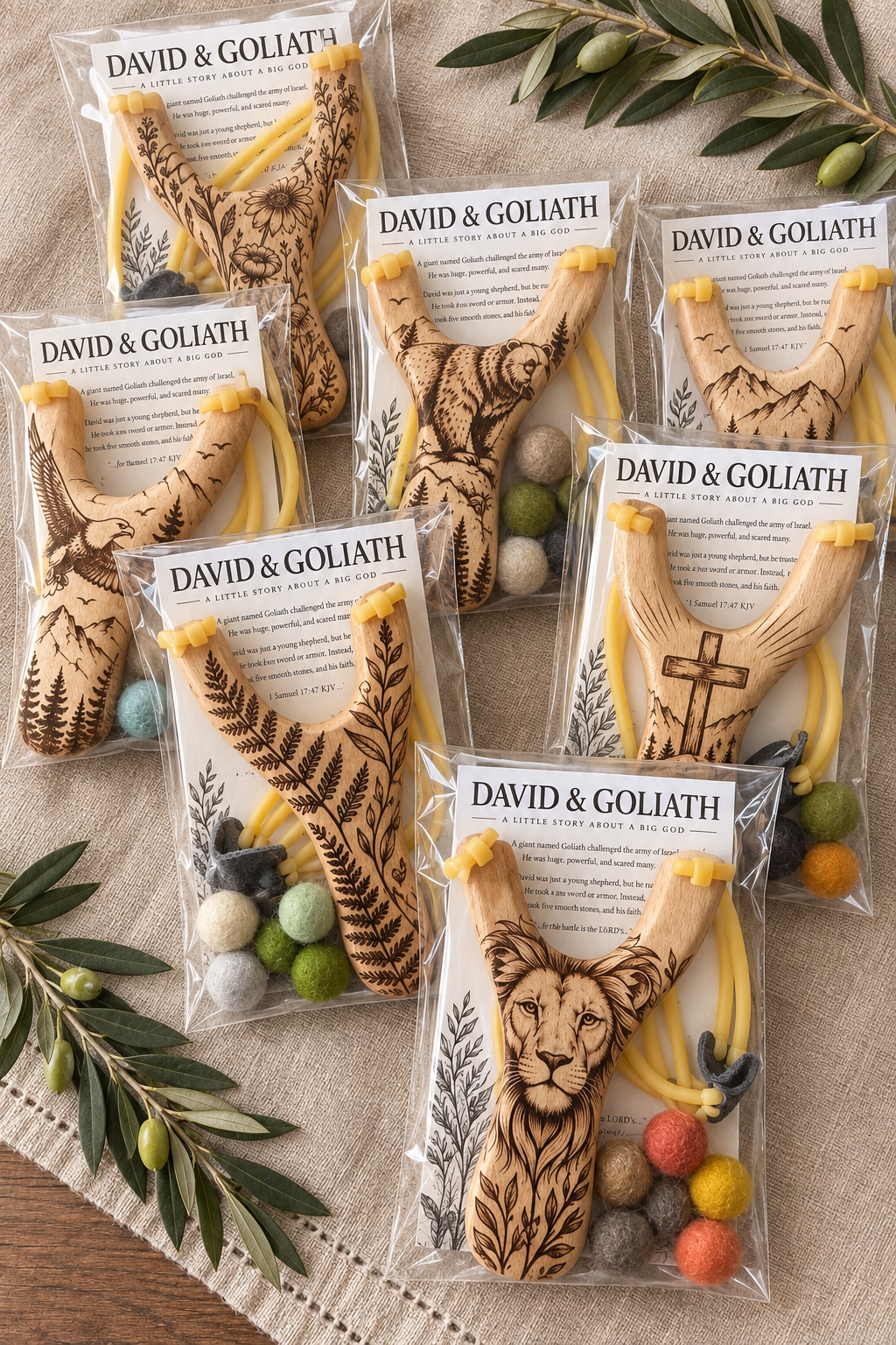David & Goliath Engraved Wooden Slingshot Set