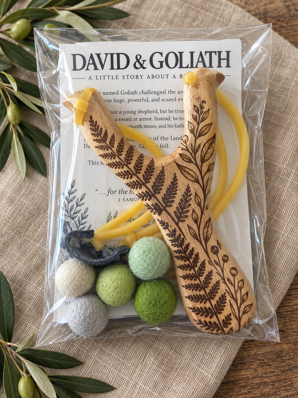 David & Goliath Engraved Wooden Slingshot Set