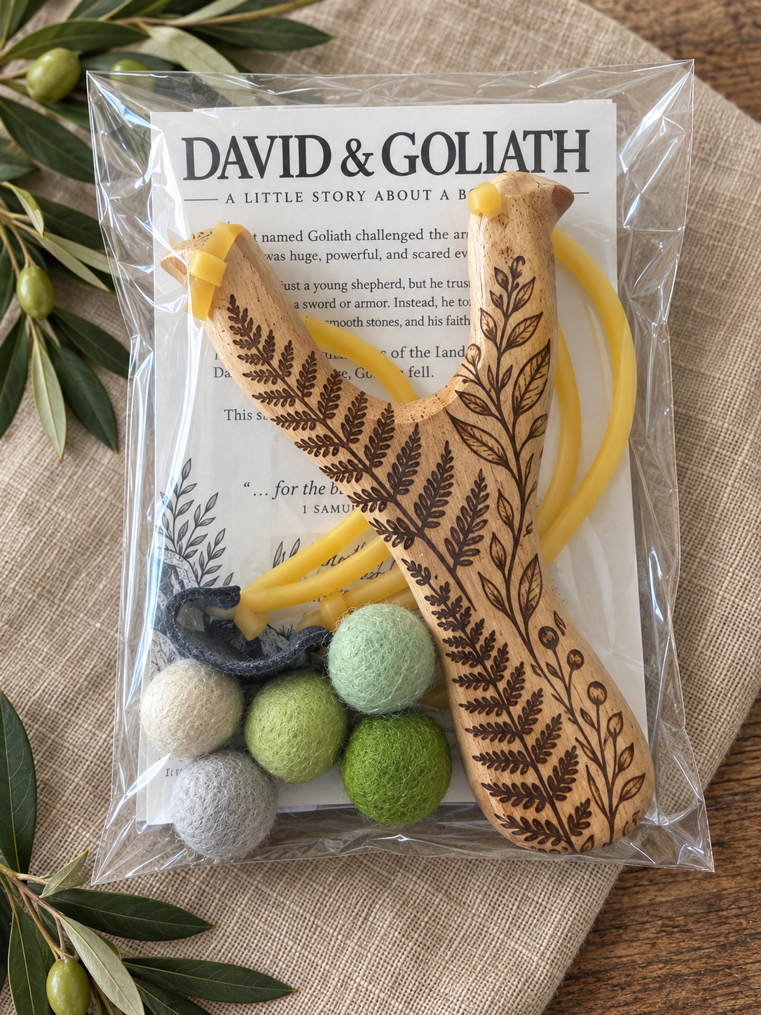 David & Goliath Engraved Wooden Slingshot Set