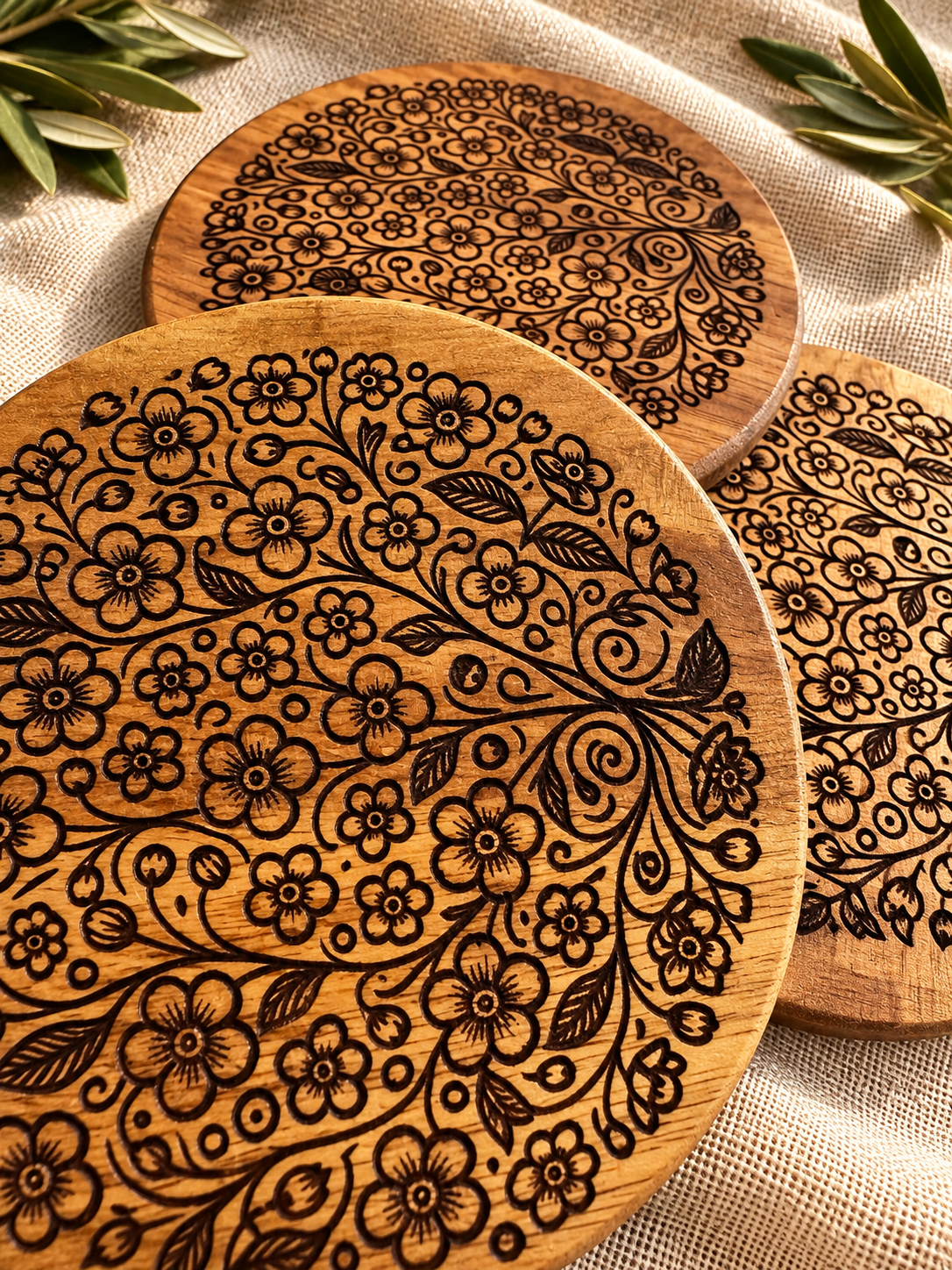 Floral Engraved Acacia Coasters — Set of 4