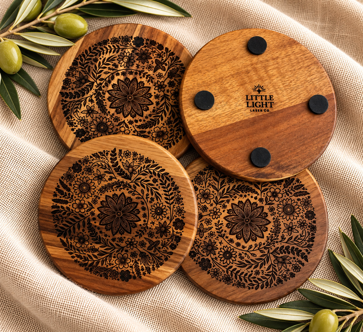 Floral Engraved Acacia Coasters — Set of 4