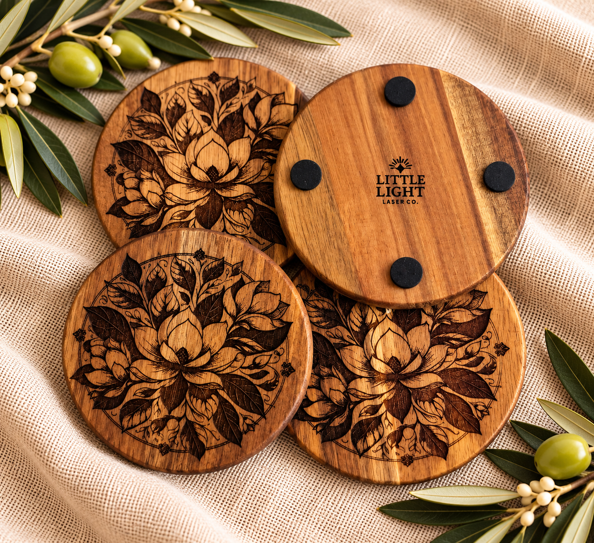 Floral Engraved Acacia Coasters — Set of 4