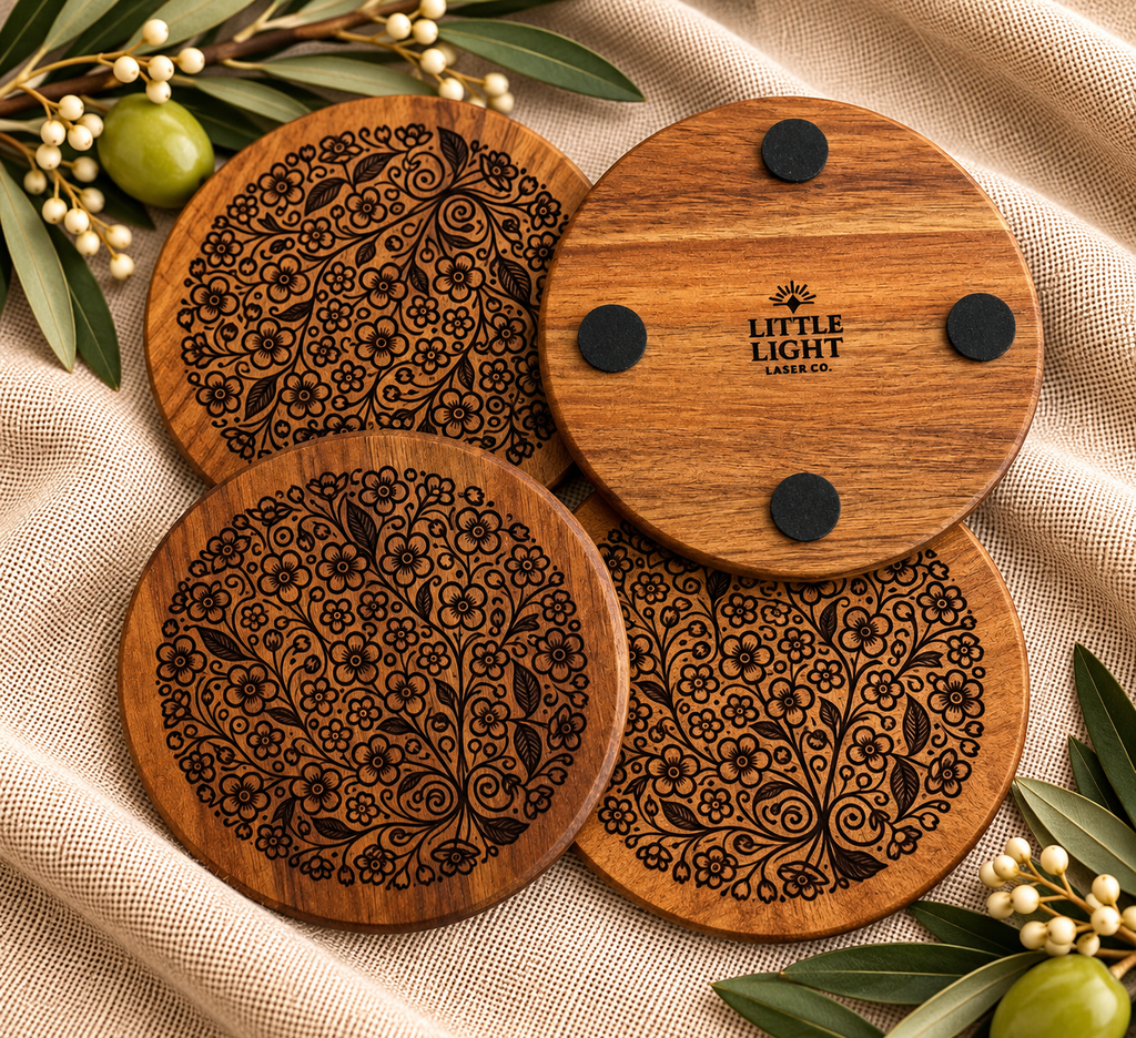 Floral Engraved Acacia Coasters — Set of 4