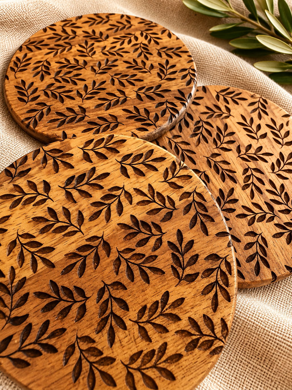 Floral Engraved Acacia Coasters — Set of 4