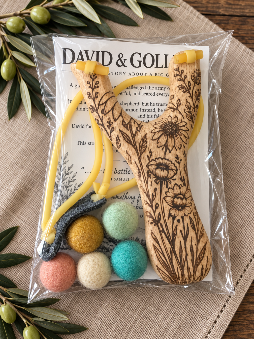David & Goliath Engraved Wooden Slingshot Set