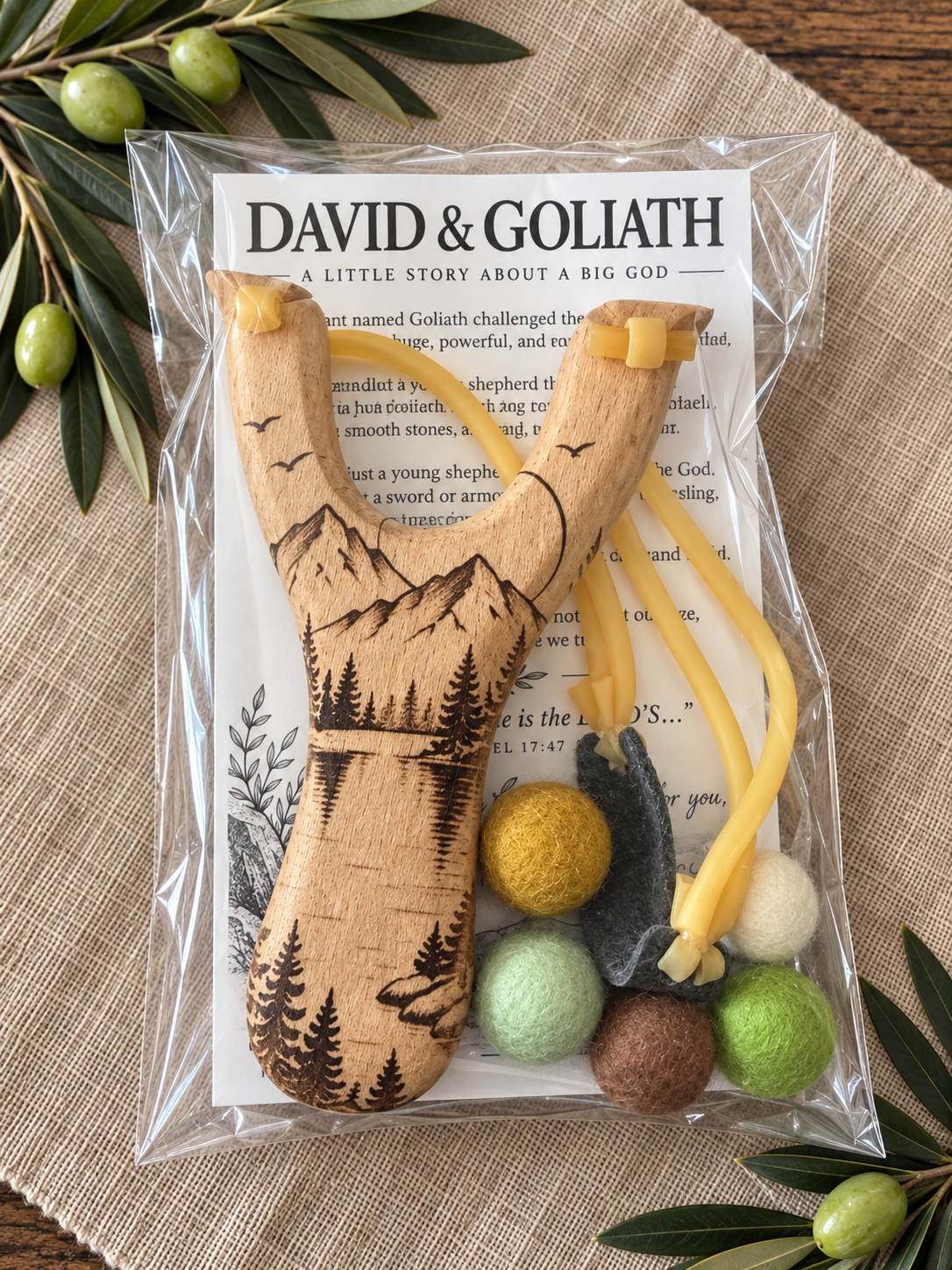 David & Goliath Engraved Wooden Slingshot Set