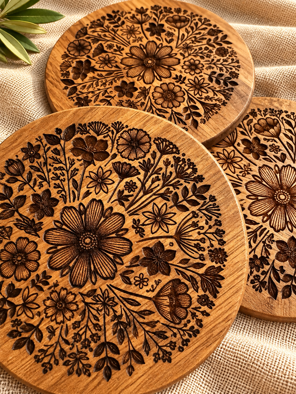 Floral Engraved Acacia Coasters — Set of 4