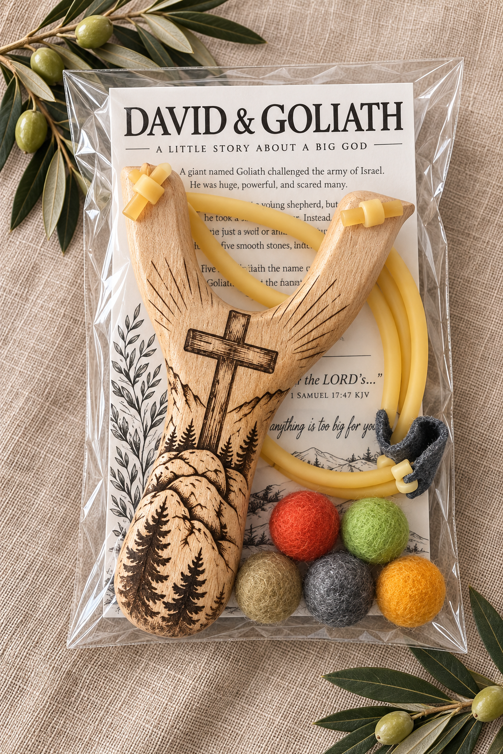 David & Goliath Engraved Wooden Slingshot Set